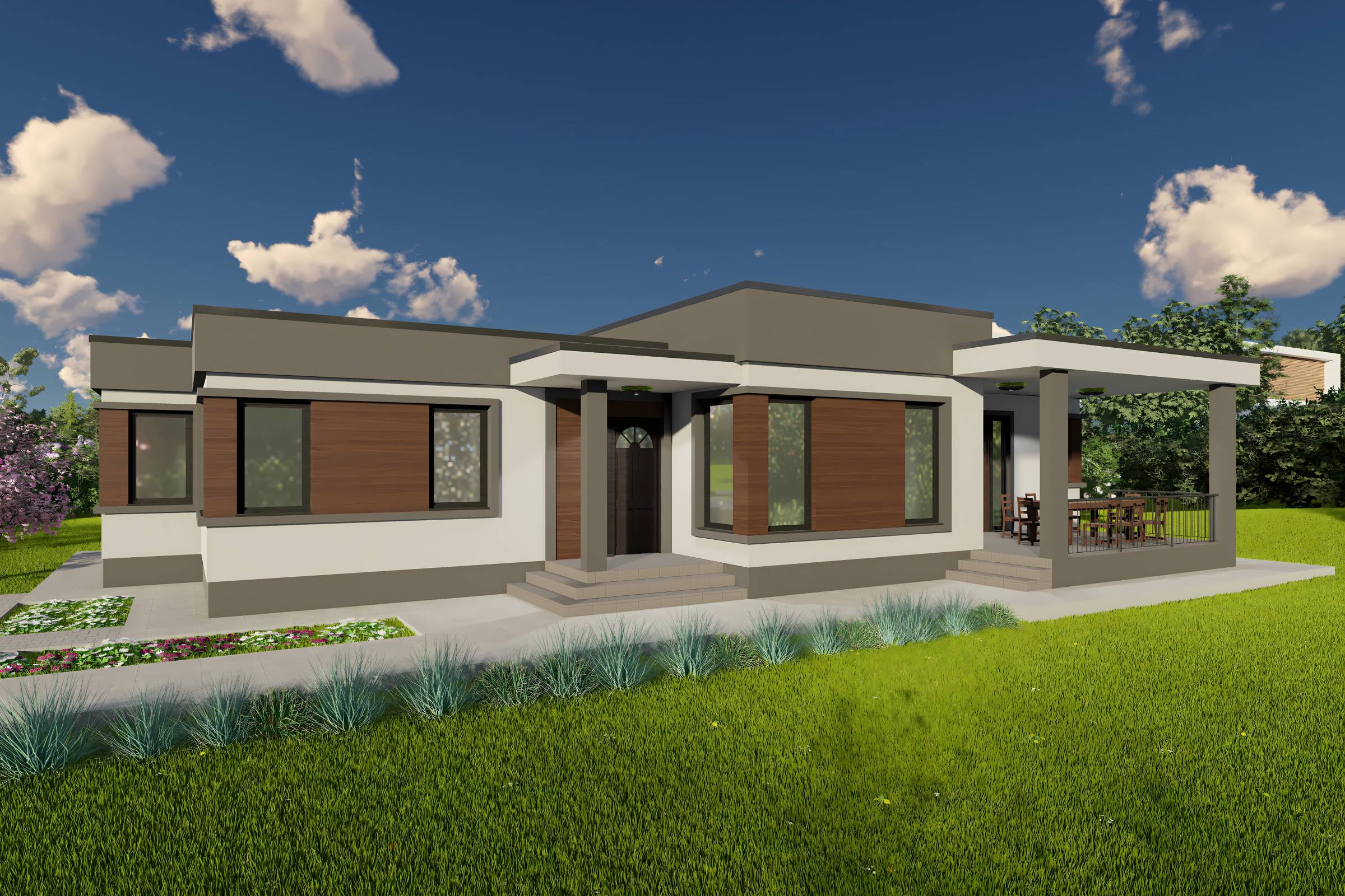 Proiect casa pe structura metalica 4 camere cu acoperis plat - design exterior casa parter 3