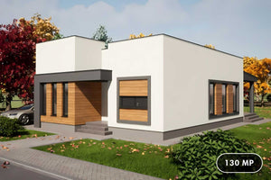 Proiect casa pe structura metalica cu 2 dormitoare fara etaj - fatada de casa moderna imagine 1 thumbnail