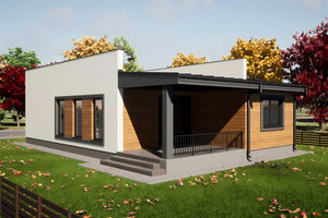 Proiect casa pe structura metalica cu 2 dormitoare fara etaj - fatada de casa moderna imagine 2 thumbnail