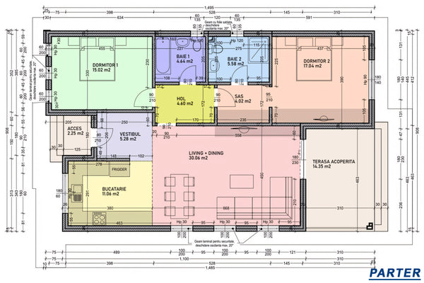 Proiect casa pe structura metalica cu 2 dormitoare fara etaj - plan de casa parter