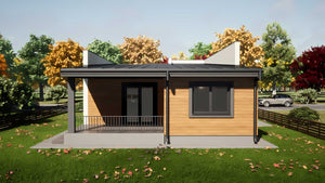Proiect casa pe structura metalica cu 2 dormitoare fara etaj - fatada de casa moderna imagine 5 thumbnail
