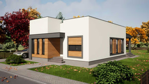 Proiect casa pe structura metalica cu 2 dormitoare fara etaj - fatada de casa moderna imagine 7 thumbnail