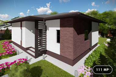 Proiect casa pe structura metalica cu 3 camere si 2 bai 044 - fatada de casa cu piatra imagine 1