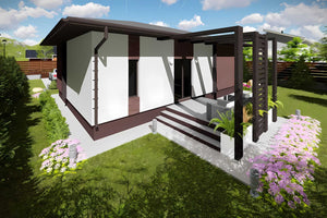 Proiect casa pe structura metalica cu 3 camere si 2 bai 044 - fatada de casa cu piatra imagine 2 thumbnail