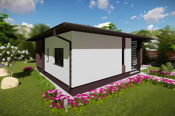 Proiect casa pe structura metalica cu 3 camere si 2 bai 044 - fatada de casa cu piatra imagine 3