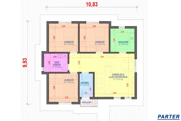 Proiect casa pe structura metalica cu 3 dormitoare 100 mp - plan casa parter