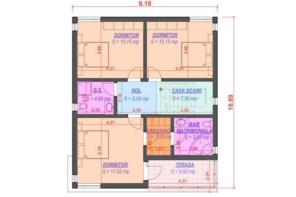 Proiect casa pe structura metalica cu 3 dormitoare 3 bai 034 - plan etaj