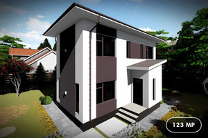 Proiect casa pe structura metalica cu etaj 120 mp 123-076 - fațada casei imagine 1 thumbnail