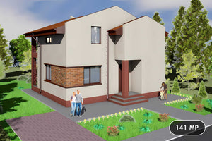 Proiect casa pe structura metalica cu etaj 2 dormitoare 001 - fatada de casa moderna imagine 1 thumbnail
