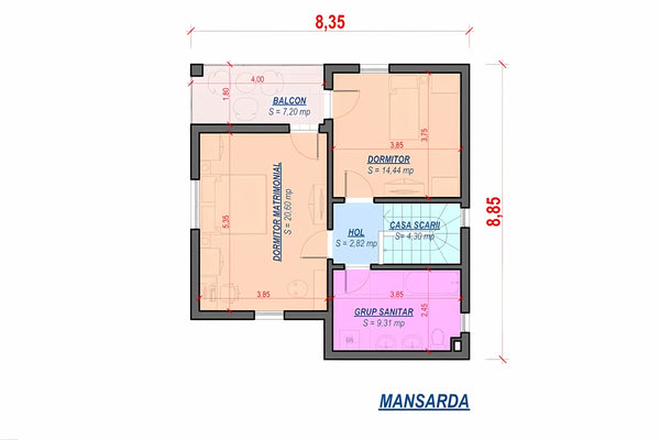 Proiect casa pe structura metalica cu etaj 2 dormitoare 001 - plan mansarda casa