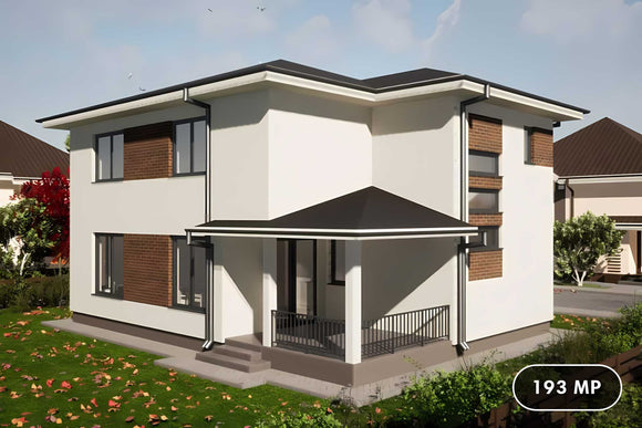 Proiect casa pe structura metalica cu etaj 200 mp 193-094 - fatada casei imagine 1