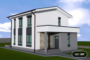 Proiect casa pe structura metalica cu etaj 3 camere 160 mp - imagine fatada principala thumbnail