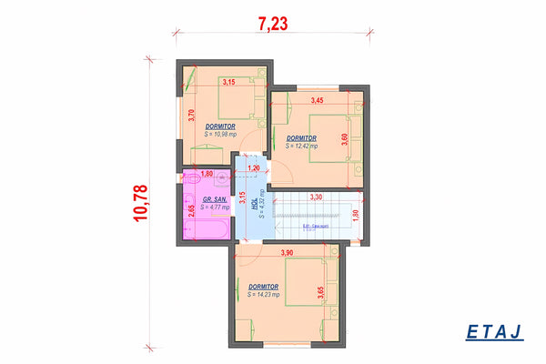 Proiect casa pe structura metalica cu etaj 4 dormitoare 088 - planul casei la etaj