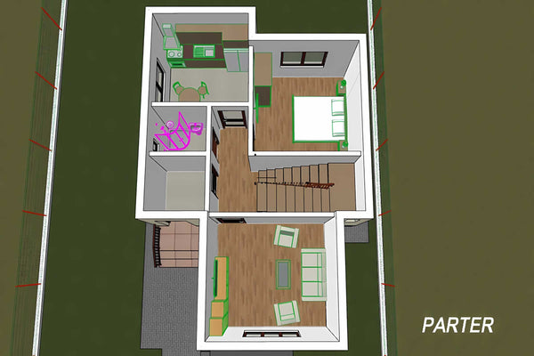 Proiect casa pe structura metalica cu etaj 4 dormitoare 088 - compartimentare parter