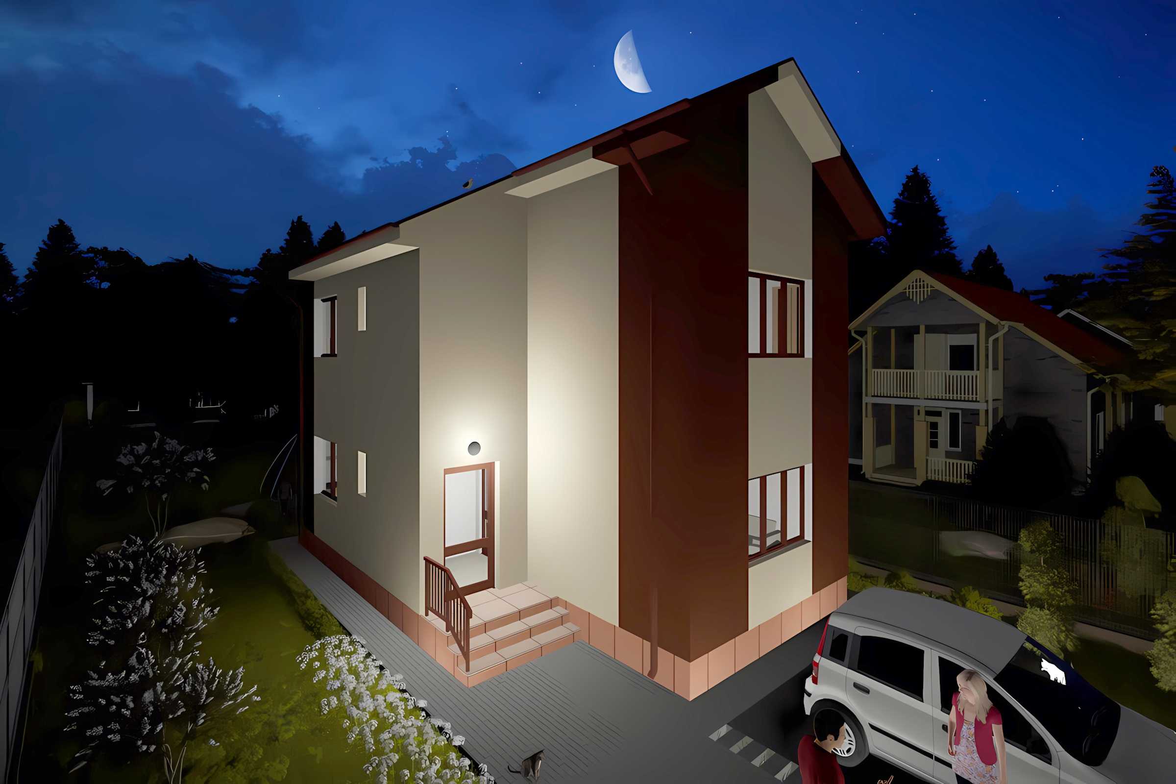 Proiect casa pe structura metalica cu etaj 4 dormitoare 088 - fatada casei imagine 9