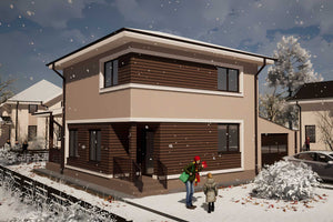 Proiect casa pe structura metalica cu mansarda 4 camere 058 - fatada cu caramida aparenta imagine 7 thumbnail