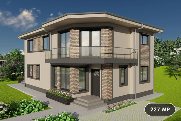 Proiect casa pe structura metalica cu etaj 5 camere si 3 bai - fatada cu caramida aparenta