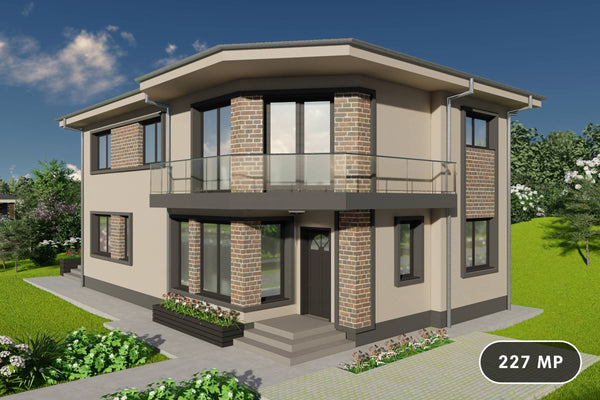 Proiect casa pe structura metalica cu etaj 5 camere si 3 bai - fatada cu caramida aparenta