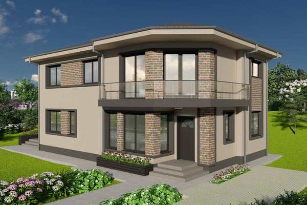 Proiect casa pe structura metalica cu etaj 5 camere si 3 bai - fatada imagine 2