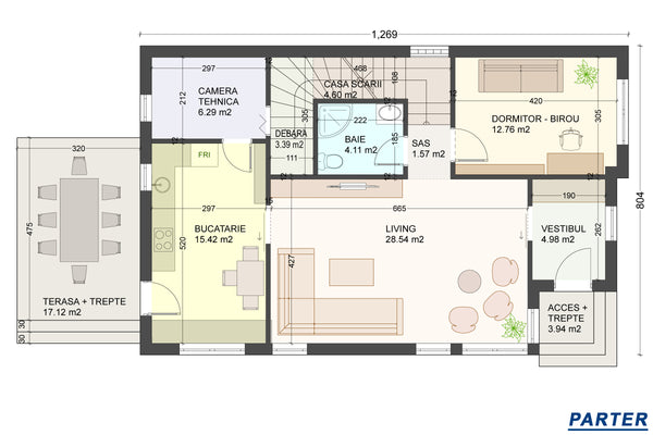 Proiect casa pe structura metalica cu etaj 5 camere si 3 bai - configuratie incaperi la parter