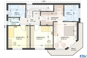 Proiect casa pe structura metalica cu etaj 5 camere si 3 bai - configuratie incaperi la etaj thumbnail