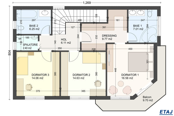 Proiect casa pe structura metalica cu etaj 5 camere si 3 bai - configuratie incaperi la etaj
