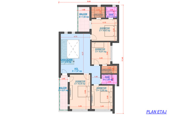 Proiect casa pe structura metalica cu etaj 5 dormitoare 051 - plan casa etaj