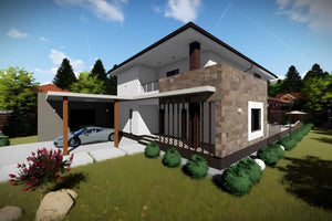 Proiect casa pe structura metalica cu etaj 6 dormitoare 060 - fatada de casa cu piatra imagine 4 thumbnail
