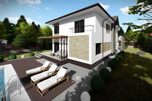 Proiect casa pe structura metalica cu etaj 6 dormitoare 060 - fatada de casa cu piatra imagine 6 thumbnail