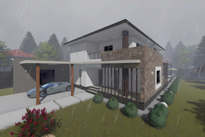 Proiect casa pe structura metalica cu etaj 6 dormitoare 060 - fatada de casa cu piatra imagine 8 thumbnail