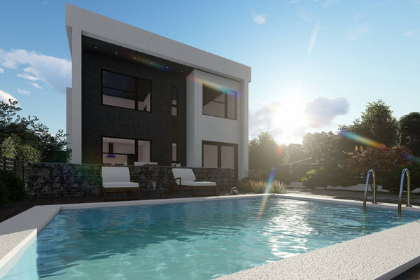 Proiect casa pe structura metalica cu etaj fara acoperis 055 - model fatada cu piscina imagine 4