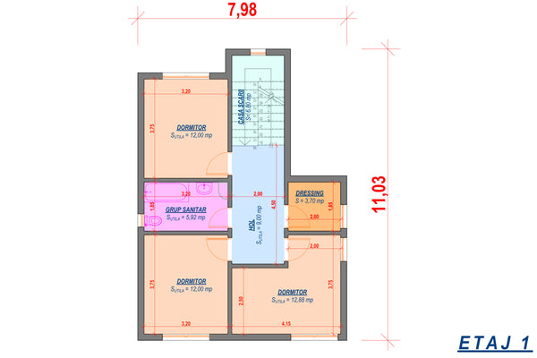 Proiect casa pe structura metalica cu etaj fara acoperis 081 - plan etaj 1