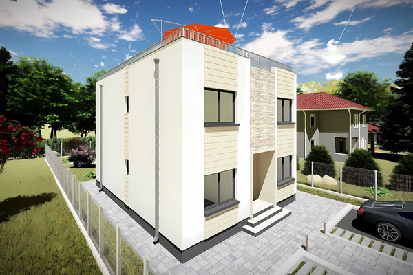 Proiect casa pe structura metalica cu etaj fara acoperis 081 - model fatada imagine 5