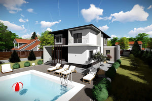 Proiect casa pe structura metalica cu etaj garaj dublu 061 - fatada de casa exterior imagine 7 thumbnail