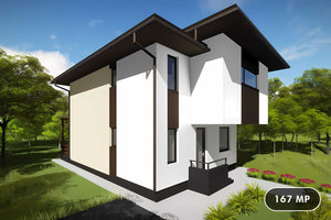 Proiect casa pe structura metalica cu etaj moderna 167-023 - fatada casa imagine 1 thumbnail