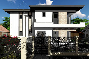 Proiect casa pe structura metalica cu etaj moderna 190-080 - fatada cu piatra decorativa imagine 5 thumbnail
