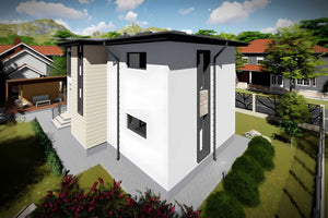 Proiect casa pe structura metalica cu etaj moderna 190-080 - fatada cu piatra decorativa imagine 7 thumbnail