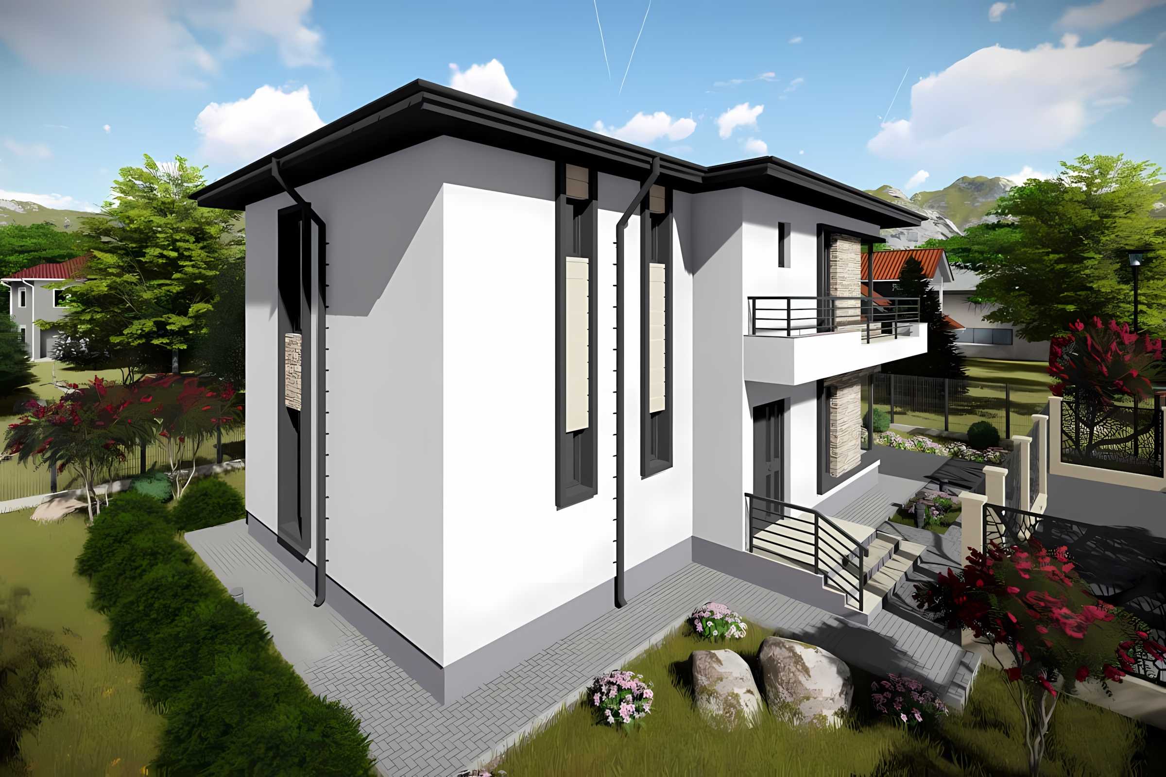 Proiect casa pe structura metalica cu etaj moderna 190-080 - fatada cu piatra decorativa imagine 8
