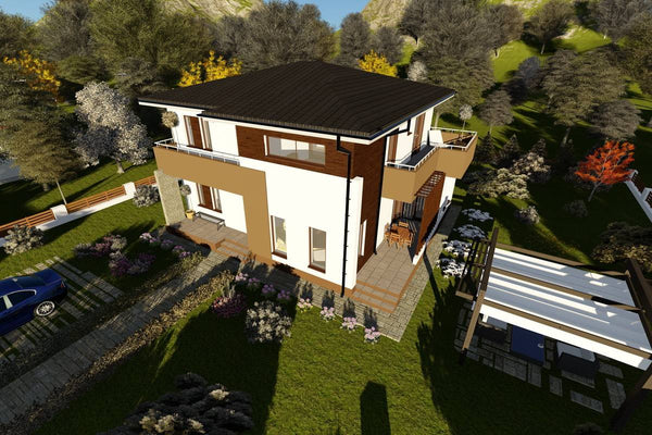 Proiect casa pe structura metalica cu etaj si terase 043 - fatada de casa moderna imagine 3