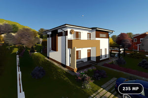 Proiect casa pe structura metalica cu etaj si terase 043 - fatada de casa moderna imagine 1 thumbnail