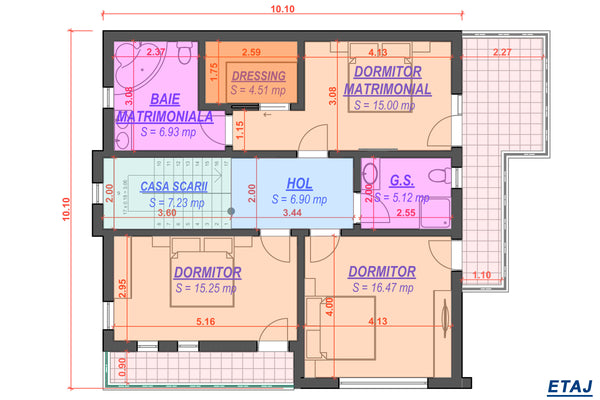 Proiect casa pe structura metalica cu etaj si terase 043 - plan etaj