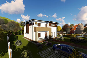 Proiect casa pe structura metalica cu etaj si terase 043 - fatada de casa moderna imagine 7 thumbnail