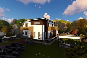 Proiect casa pe structura metalica cu etaj si terase 043 - fatada de casa moderna imagine 8 thumbnail