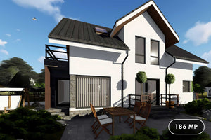Proiect casa pe structura metalica cu mansarda 4 camere 058 - fatada de casa moderna imagine 1 thumbnail