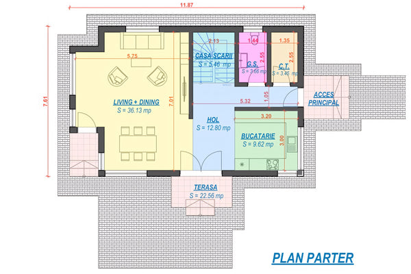 Proiect casa pe structura metalica cu mansarda 4 camere 058 - plan parter