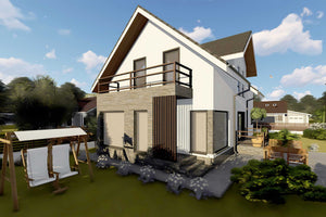 Proiect casa pe structura metalica cu mansarda 4 camere 058 - fatada de casa moderna imagine 4 thumbnail