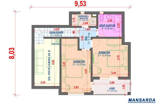 Proiect casa pe structura metalica cu mansarda 4 camere 089 - plan mansarda