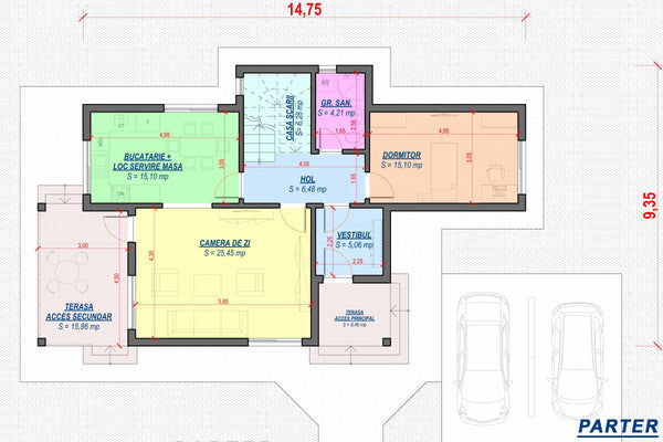 Proiect casa pe structura metalica cu terasa acoperita 014 - plan parter