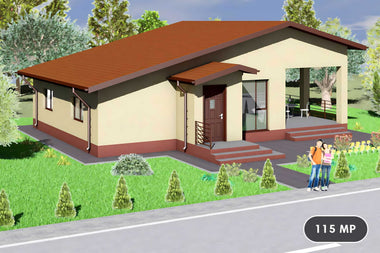 Proiect casa pe structura metalica cu terasa acoperita 115mp - fatada casei imagine 1