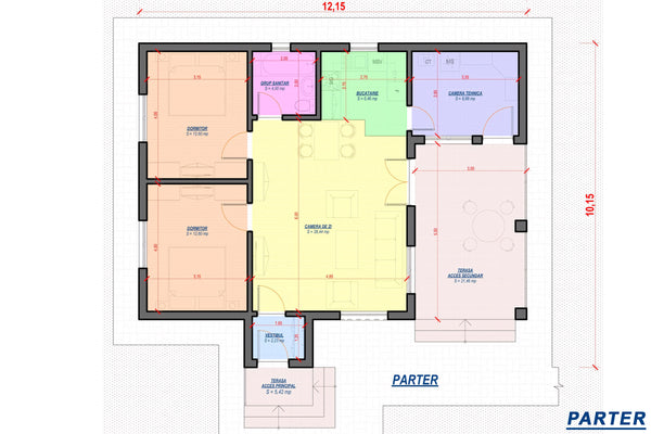 Proiect casa pe structura metalica cu terasa acoperita 115mp - plan casa parter